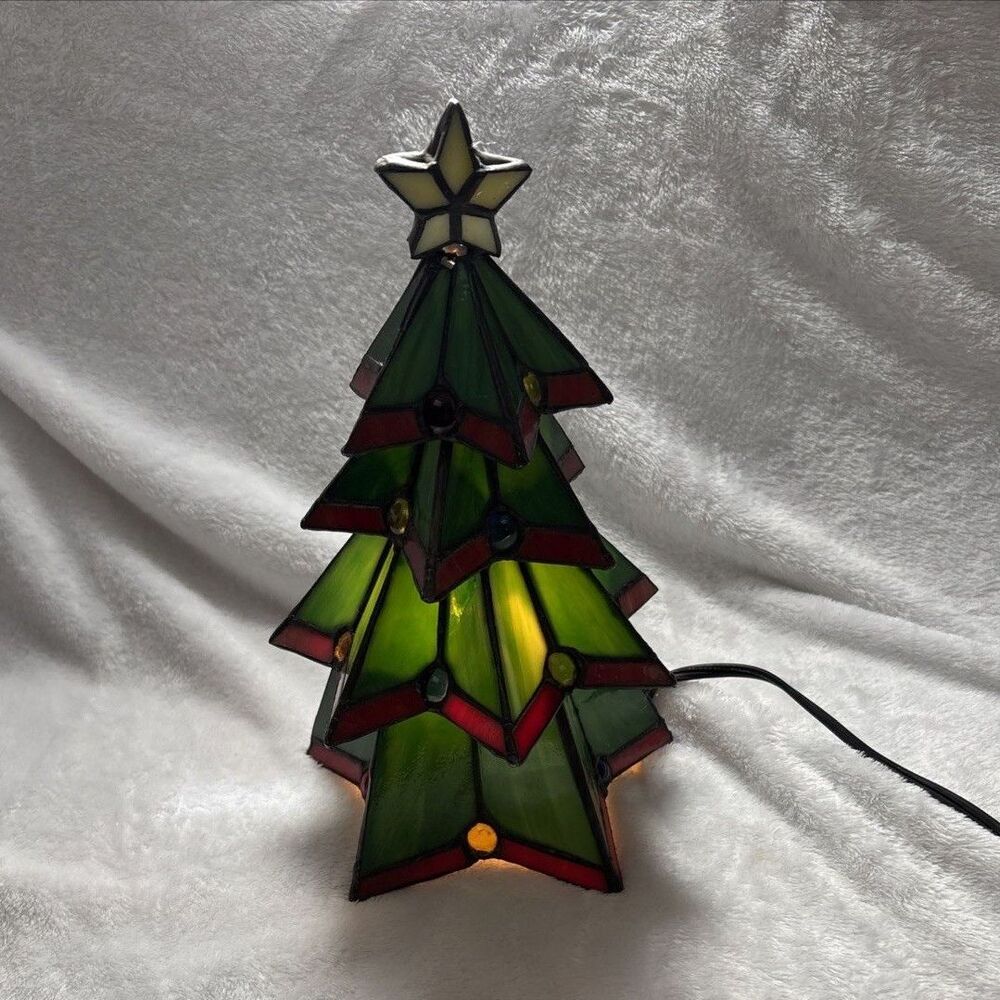 Vintage Stained Glass Christmas Tree Tiffany Style Light Up Tabletop Lamp 12”